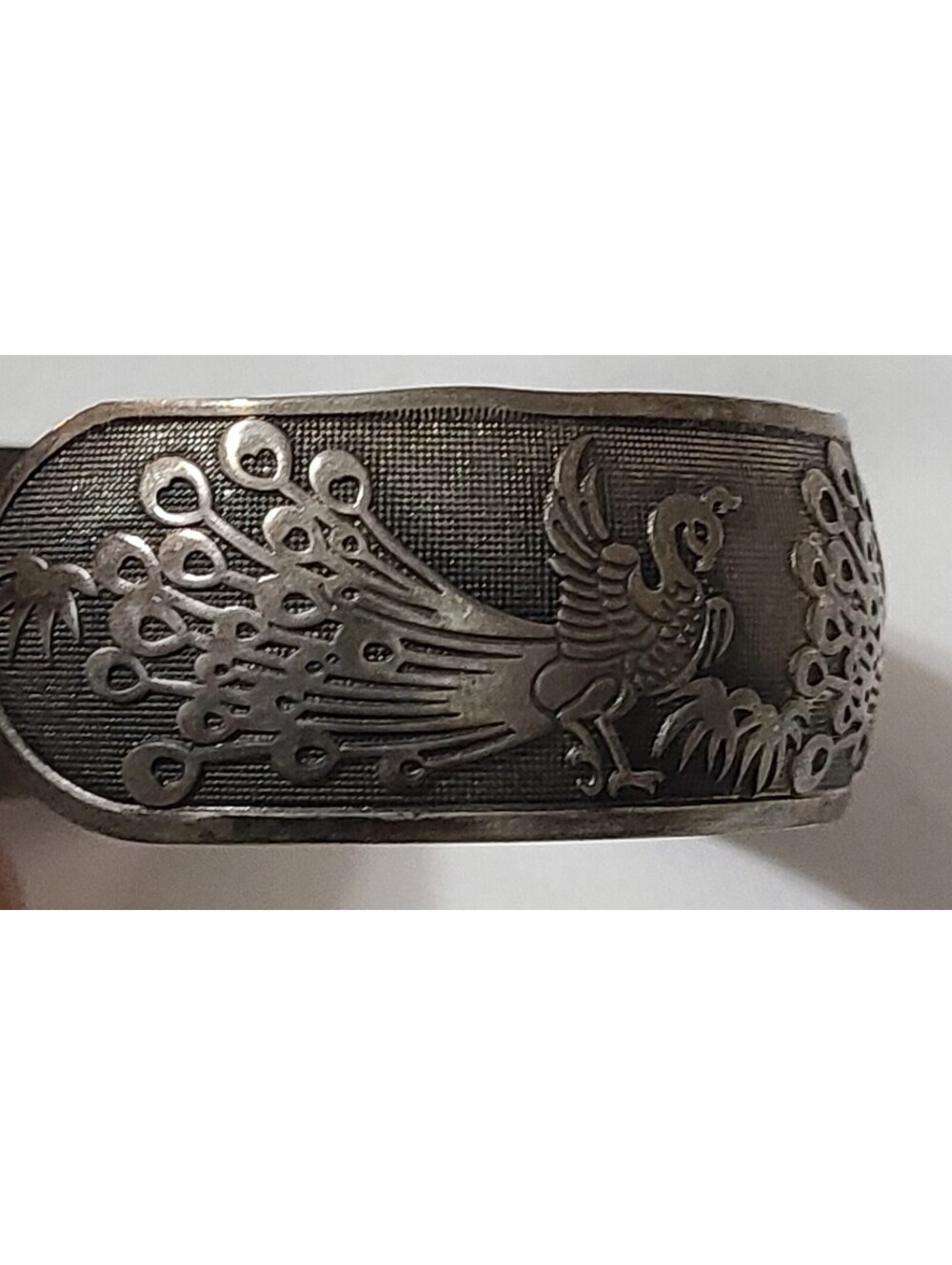 Vtg Chinese Export Silver Tone Peacock & Peony Wide Cuff Bracelet Etched Asian - Picture 7 of 8